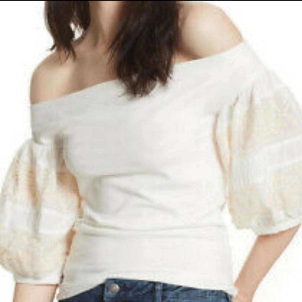 Free People Womens Ivory fitted Pouf Off Shoulder Top S